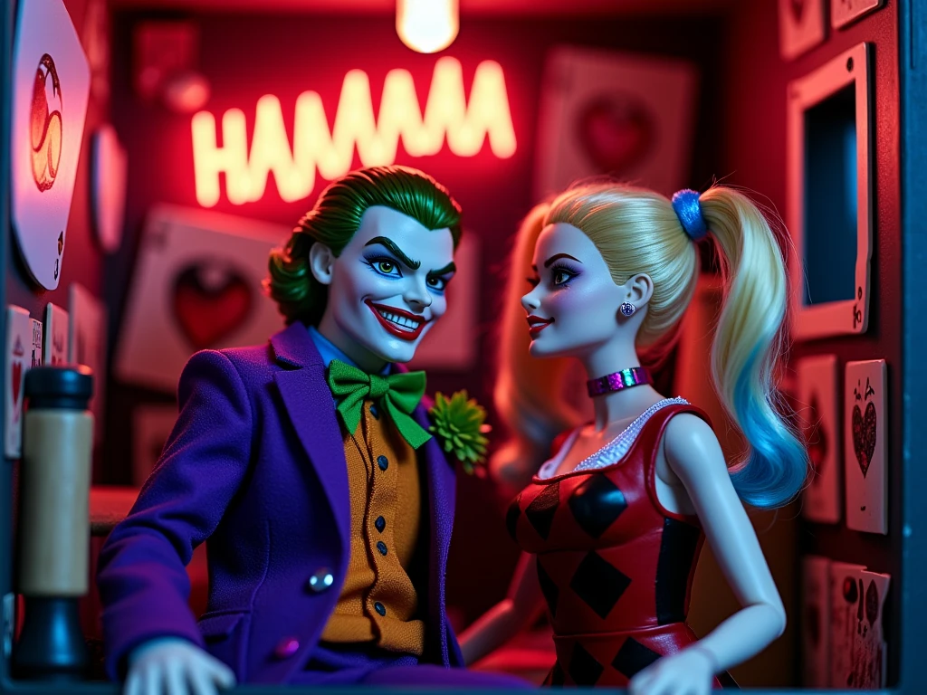 ((masterpiece))  ((Highest quality))  ((photography)) A close-up of Barbie and Ken style with Joker and Harley Quinn dolls in a miniature house designed as a quirky, chaotic funhouse. Joker is wearing his iconic purple suit with green accents, a tiny bow tie, and his signature sinister grin. Harley Quinn is dressed in her classic red-and-black outfit with diamond patterns, her blonde pigtails tipped with blue and pink. The room is filled with playful yet eerie details, like oversized playing cards, a neon "HAHAHA" sign, a baseball bat, and a mallet resting nearby. The soft lighting creates a dramatic atmosphere, highlighting their mischievous expressions and the whimsical yet dark vibe of their unique hideout.