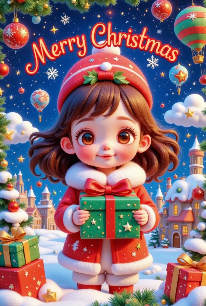  Christmas Card Border ， Picture of a Girl Holding a Gift。  Crazy Christmas  ， Glowing letters Merry Christmas red，Hot air balloon in the sky，Warm Town  ， Pleasant atmosphere ，Fireworks background