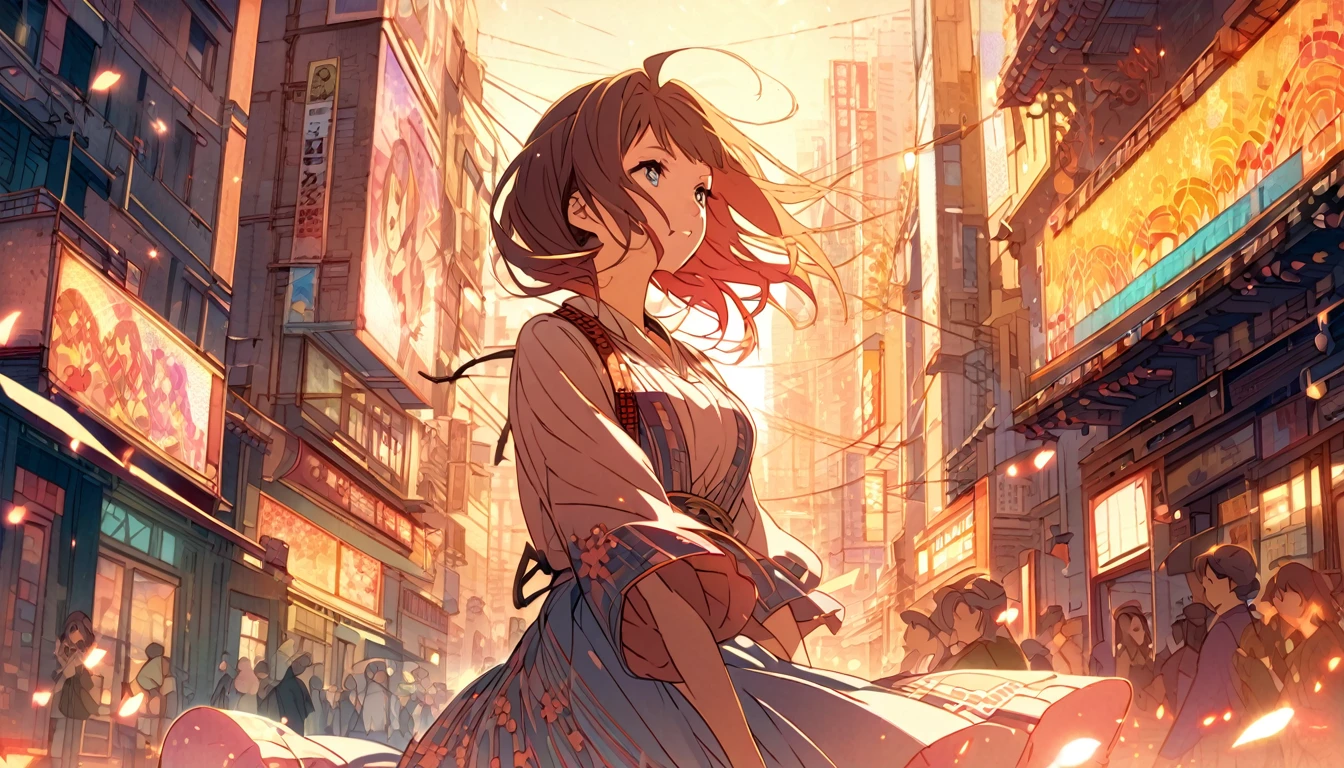 a young woman in modern Japan, styled in a Kyoto Animation-inspired art style. The illustration focuses on her upper body as she stands in the vibrant, early morning light of Tokyo, surrounded by the glowing cityscape. She wears stylish Western clothes, with a hint of a casual yet elegant look. The background subtly highlights cherry blossoms and jazz elements, with a few scattered notes around, capturing the musical and lively atmosphere of the city. The poster has a 2D aesthetic, focusing on warm colors and intricate details for an enchanting look.