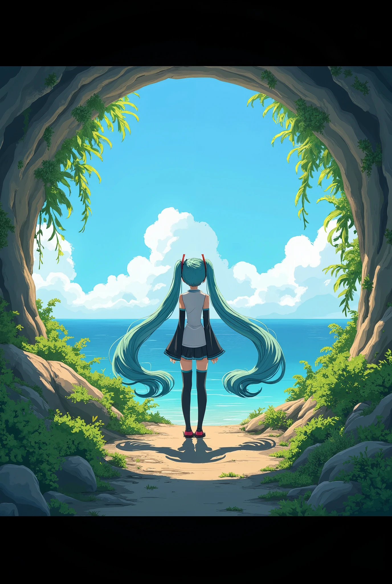 (masterpiece、 best quality、 best quality、 Official Art、 beautiful and beautiful :1.2)、( one girl who is at ease:1.3) Hatsune Miku、 twin tails, Beautiful breasts,Strong light,  intense contrast , In an open-roofed cave、 sunlight shines through green moss and ferns。,  And open( Sea view:1.1) Next,  cell shading rendering , 4K,  360 degrees,  Cylindrical equilateral diagram , qxj, 