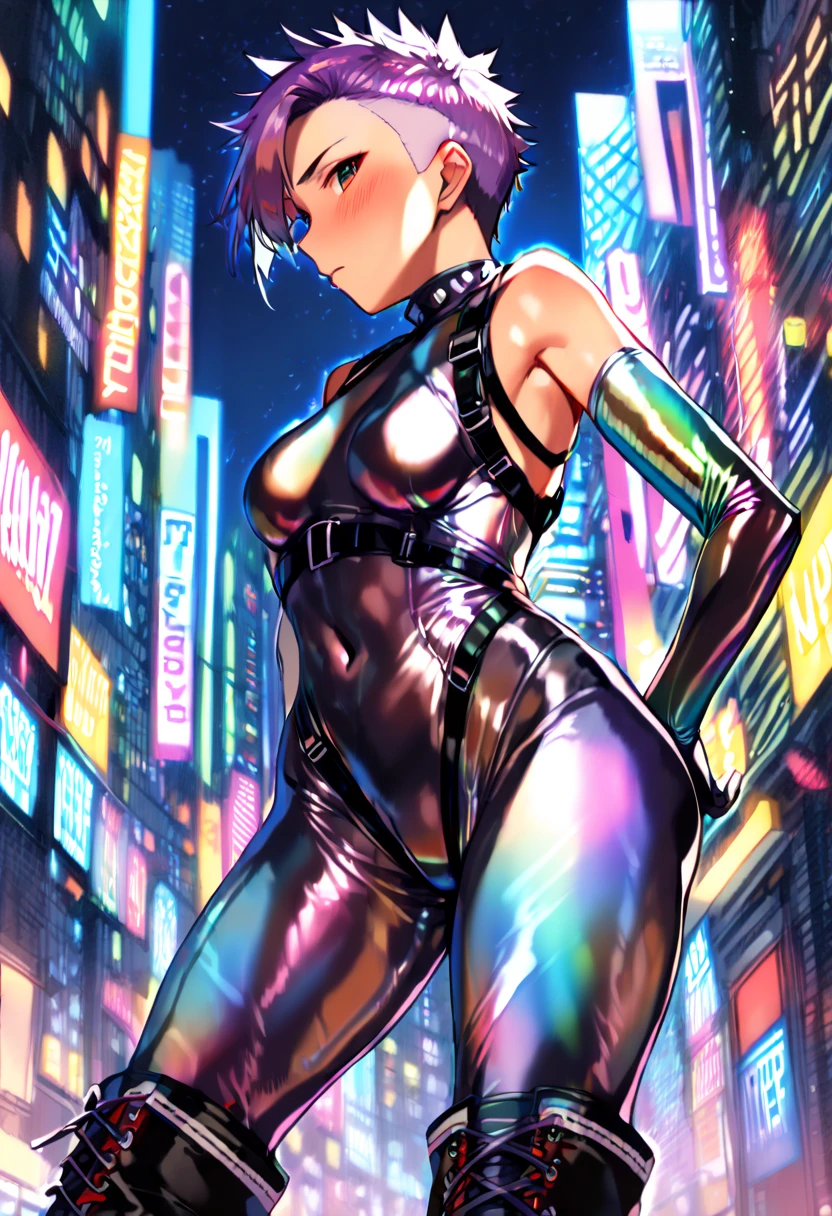 (best quality,4k,8k,highres,masterpiece:1.2),ultra-detailed,(realistic,photorealistic,photo-realistic:1.37),cyberpunk girl,Neon Kaleidoscopixie,girl with vibrant neon hair,vibrant glowing eyes,glowing neon tattoos on her body,high-tech cybernetic implants,shimmering holographic clothing,gritty urban cityscape background,bright neon lights and signs reflecting on wet pavement,pixelated digital rain falling,giant holographic animal companions following her,futuristic hoverboard under her feet,deep shadows and contrasting colors,retro-futuristic aesthetics,fluorescent lights creating a surreal atmosphere,visually stunning and immersive,neon-lit underground club scene,sharp focus on her captivating expression,iridescent butterfly wings sprouting from her back,energetic cyberpunk music playing in the background,cityscape illuminated by neon skyscrapers,artificial intelligence assistant floating by her side,transparent umbrellas shielding her from the rain,LED light trails following her movement,electric blue and hot pink color palette,evoking a sense of mystery and excitement,blinking neon signs advertising futuristic gadgets,enhanced reality glasses enhancing her vision,holographic art installations evolving in the city,wireframe buildings and floating platforms,interplay of light and shadow creating dramatic effects,mix of organic and mechanical elements depicting the blend of humanity and technology,embracing the spirit of rebellion and individuality,depicting a futuristic world filled with energy and technology advancements.