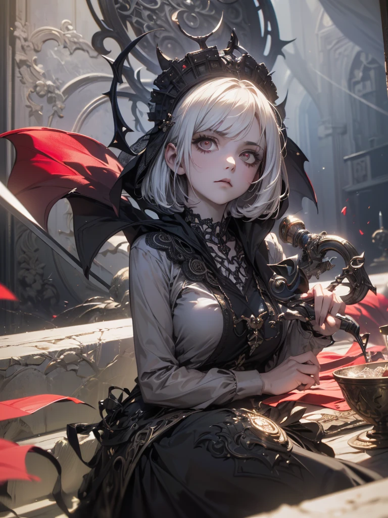 ( High Quality : 1.3),  cinematic shot, masterpiece, ( sharp concentration: 1.5), (Photographically: 1.3), Medium Portrait (Beautiful young vampire woman, Pale skin, gothic, Still proud、Brave,  straight black short bob hair wearing a dark tunic with high detail , Dark appearance, The , Dark atmosphere,  I'm wearing 、 shape is modeled with sharp chiaroscuro。), It&#39;s night, (  highly detailed skin  ), ( detailed face ),   detailed background, Dim lighting, Dusk lighting, Volumetric Lighting,  intricate detail,  ultra high resolution, red lips