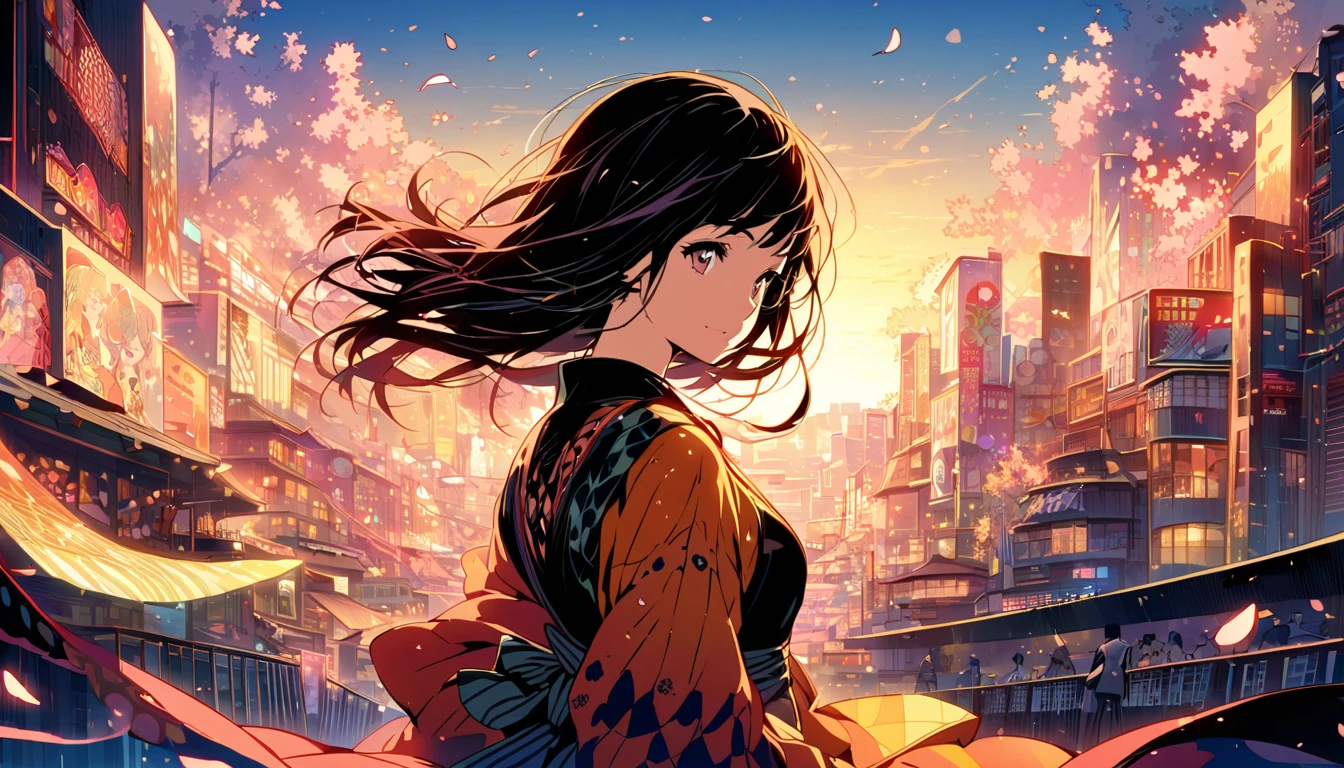 a young woman in modern Japan, styled in a Kyoto Animation-inspired art style. The illustration focuses on her upper body as she stands in the vibrant, early morning light of Tokyo, surrounded by the glowing cityscape. She wears stylish Western clothes, with a hint of a casual yet elegant look. The background subtly highlights cherry blossoms and jazz elements, with a few scattered notes around, capturing the musical and lively atmosphere of the city. The poster has a 2D aesthetic, focusing on warm colors and intricate details for an enchanting look.