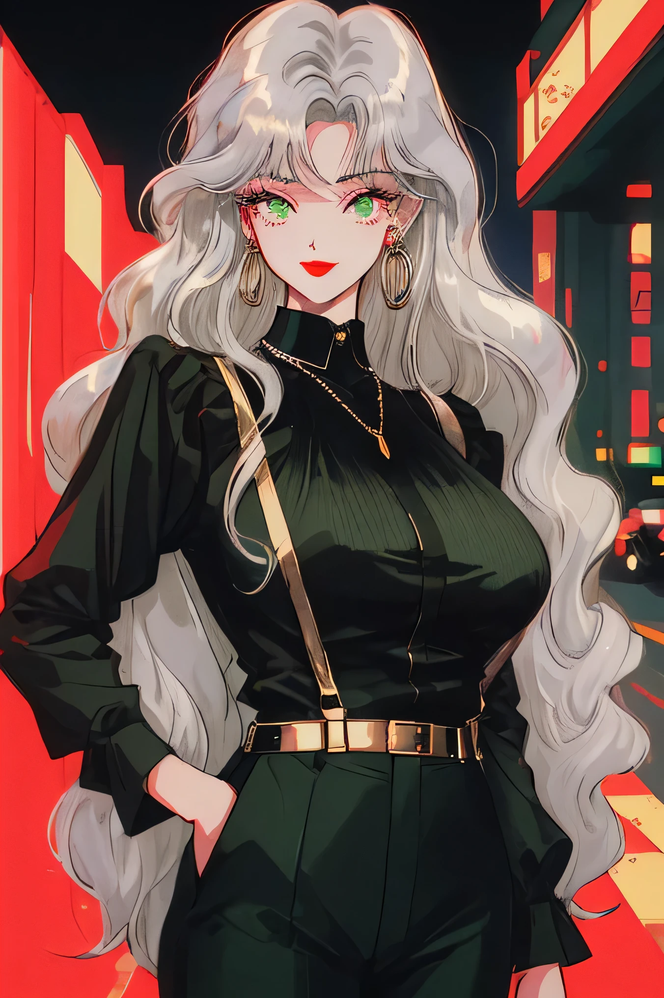 1woman, 80's style, High Resolution, Long Hair, Silver hair, Bangs, California curls, Smile, Green eyes, Gold earrings and necklace, black collar shirt, black tie, black suspenders, black pants, black eyeshadow, red lips, city pop background, nighttime 