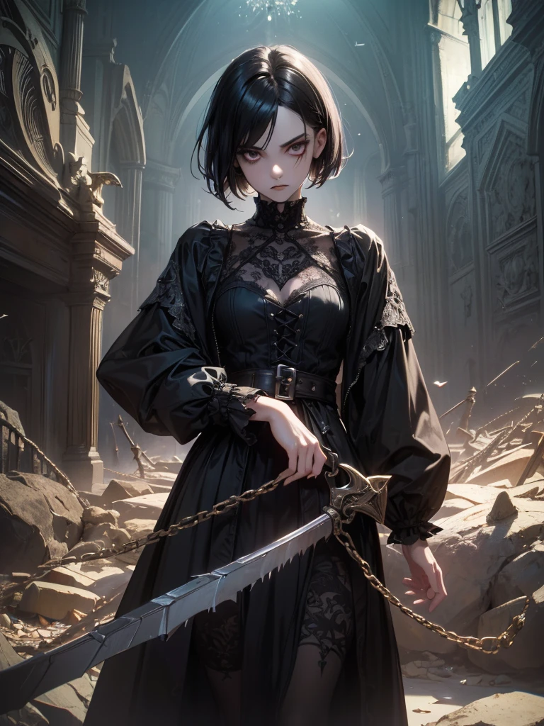 ( High Quality : 1.3),  cinematic shot, masterpiece, ( sharp concentration: 1.5), (Photographically: 1.3), Medium Portrait (Beautiful young vampire woman, Pale skin, gothic, Still proud、Brave,  straight black short bob hair wearing a dark tunic with high detail , Dark appearance, The , Dark atmosphere,  I'm wearing 、 shape is modeled with sharp chiaroscuro。), It&#39;s night, (  highly detailed skin  ), ( detailed face ),   detailed background, Dim lighting, Dusk lighting, Volumetric Lighting,  intricate detail,  ultra high resolution, red lips