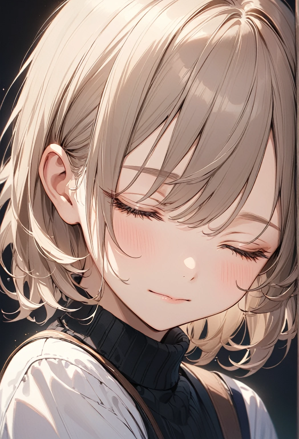(masterpiece, best quality:1.5), (ultra detailed, high resolution, 8k, beautiful detailed, UHD, best anatomy), white hair, small breasts, 1girl, closed eyes, Tears roll down my cheeks, high , dull background, standing, half length, front view