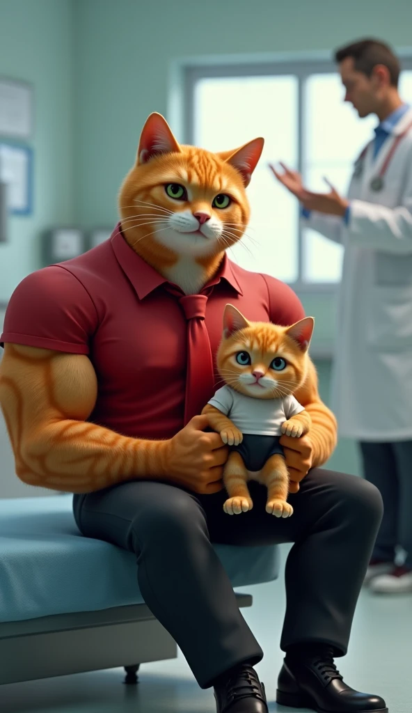 hospital bed me ek hath me drip chad rhi ek handsome muscular rainbow cat jisne white t-shirts and blue jeans pehni h leta h or kamar tak White chadar odi h or uski god me ek white kitten jisne school dress pehni h bethi h or muscular rainbow cat k lag rhi h seen ek hospital ka h jha muscular rainbow cat hospital bed me leta h muscura rha h 3d image