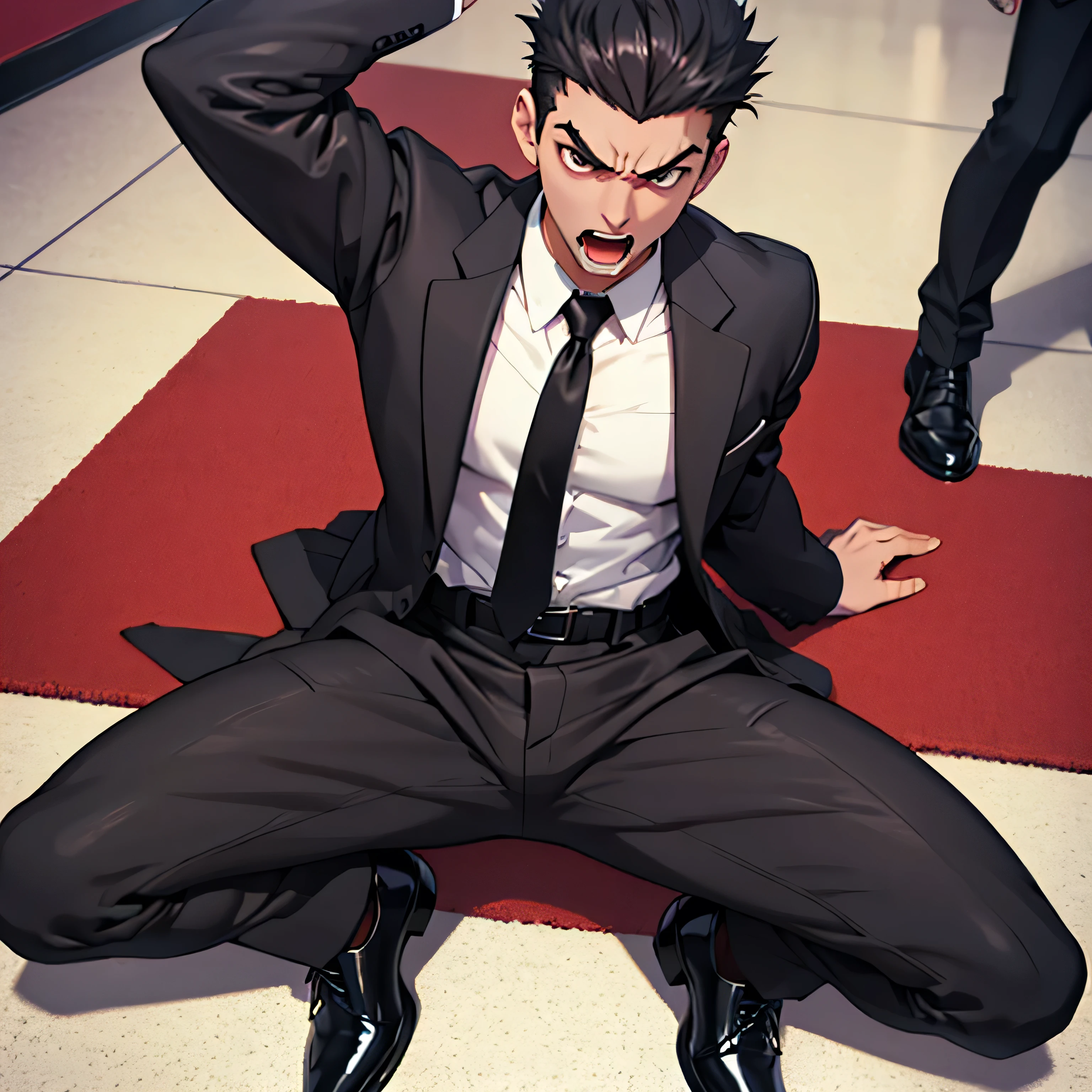 Age 25,, simple black suit、 white shirt、 Maroon Necktie,  black slim pants 、 lying on the ground  ,Spread your legs wider,black belt,Black socks,Black leather shoes,logic, Gay , black hair, short hair on the side of the uniform, thick eyebrows, Lightly Set Your Hair with Wax 、Masculine,salaryman,Mob characters,Bad Actor , Erotic 3D Finish ,、View from above　Suffering face、Open your mouth wide and scream　 face up　Maroon Neckties 　Screaming in agony 　