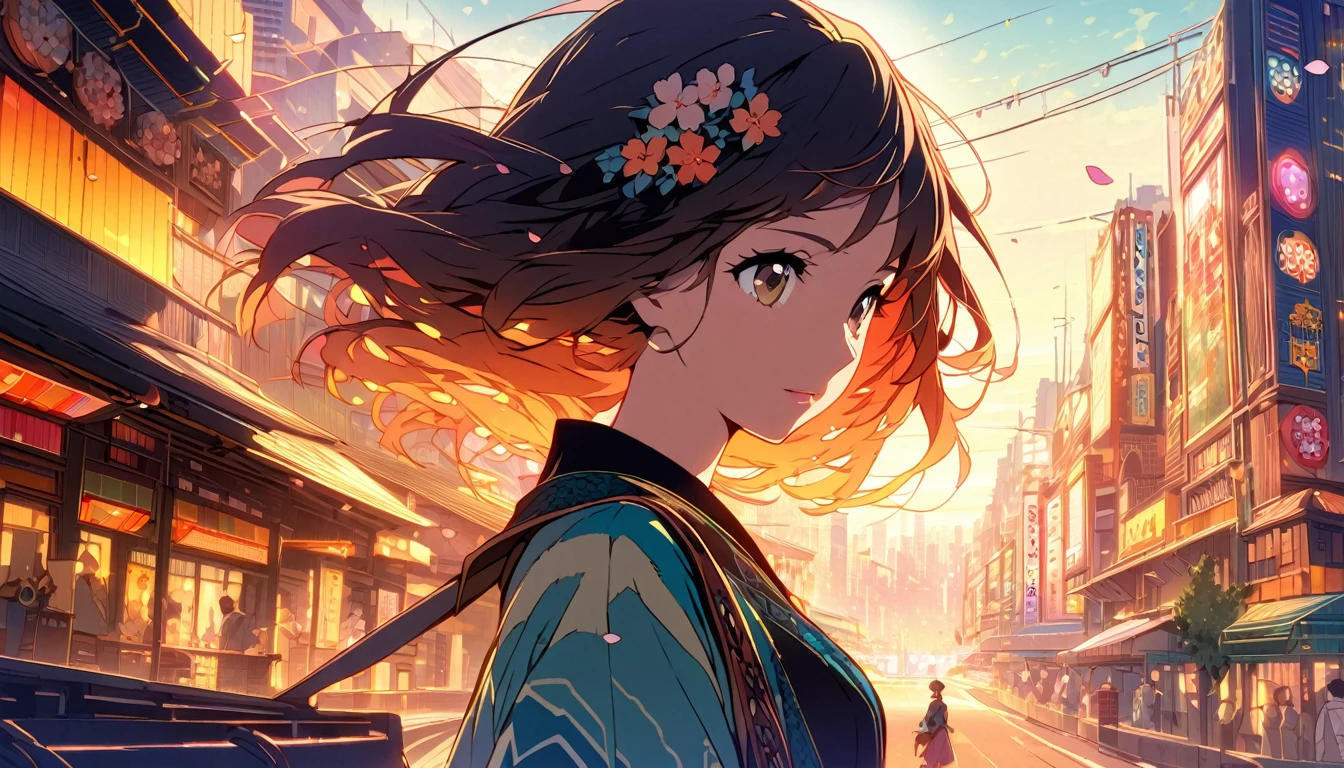 a young woman in modern Japan, styled in a Kyoto Animation-inspired art style. The illustration focuses on her upper body as she stands in the vibrant, early morning light of Tokyo, surrounded by the glowing cityscape. She wears stylish Western clothes, with a hint of a casual yet elegant look. The background subtly highlights cherry blossoms and jazz elements, with a few scattered notes around, capturing the musical and lively atmosphere of the city. The poster has a 2D aesthetic, focusing on warm colors and intricate details for an enchanting look.