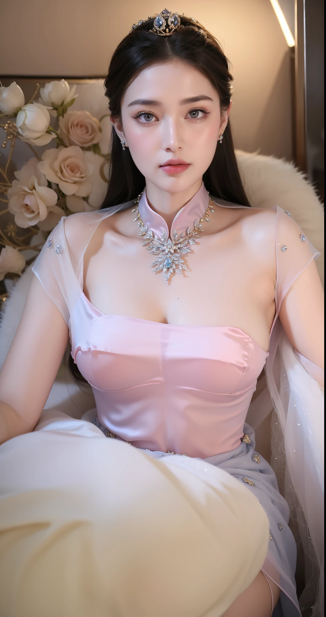 Royal sisters，  delicate eyes ，Frozen Queen， wear the crown on the head ， Detailed facial expression and body  ，Fascinating Characters，Leg length，4K，HD，emotional，  white translucent lace  ，白皙Full image，Little cherry mouth，Beautiful and lovely，Full image，Glossy gel coat， gorgeous costume ，Vampire Queen，Have a tattoo(  complicated tattoo)，Ice Princess，Rich facial details，Angel，Eyes are blue( pupils as deep as a starry sky )，silk print costume ，  gold jewelry  ，Woman in gorgeous dress ，Ultimate Luxury，精致奢华的宝石和 gold jewelry ，Breast symmetry，