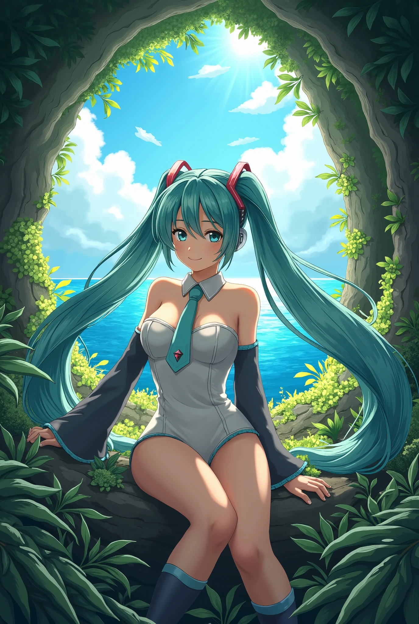 (masterpiece、 best quality、 best quality、 Official Art、 beautiful and beautiful :1.2)、( one girl who is at ease:1.3) Hatsune Miku、 twin tails, Beautiful breasts,,  stares at viewers,  volume lighting ,  dynamic pose、 virtual idol 、Strong light,  intense contrast , In an open-roofed cave、 sunlight shines through green moss and ferns。,  And open( Sea view:1.1) Next,  cell shading rendering , 4K,  360 degrees,  Cylindrical equilateral diagram , qxj, 