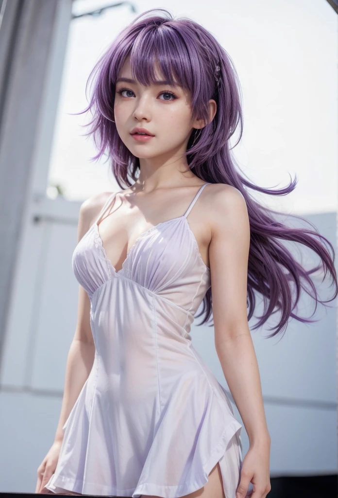 Girl with long purple hair, Slim, pretty, little chest, In a shift dress