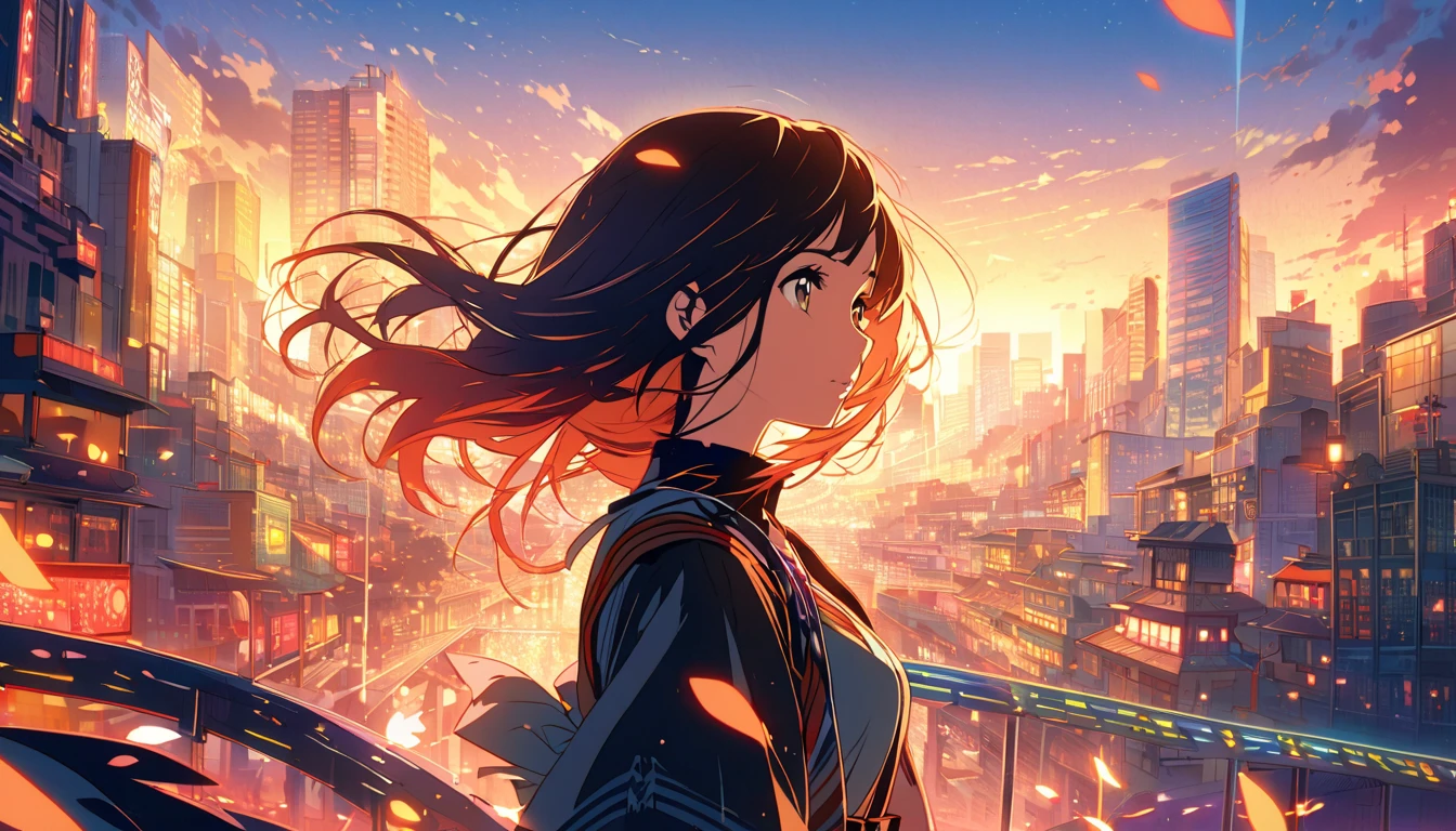 a young woman in modern Japan, styled in a Kyoto Animation-inspired art style. The illustration focuses on her upper body as she stands in the vibrant, early morning light of Tokyo, surrounded by the glowing cityscape. She wears stylish Western clothes, with a hint of a casual yet elegant look. The background subtly highlights cherry blossoms and jazz elements, with a few scattered notes around, capturing the musical and lively atmosphere of the city. The poster has a 2D aesthetic, focusing on warm colors and intricate details for an enchanting look.