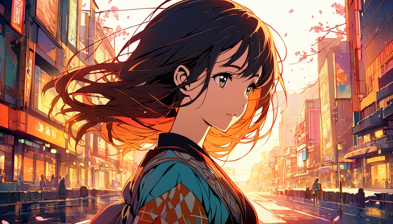 a young woman in modern Japan, styled in a Kyoto Animation-inspired art style. The illustration focuses on her upper body as she stands in the vibrant, early morning light of Tokyo, surrounded by the glowing cityscape. She wears stylish Western clothes, with a hint of a casual yet elegant look. The background subtly highlights cherry blossoms and jazz elements, with a few scattered notes around, capturing the musical and lively atmosphere of the city. The poster has a 2D aesthetic, focusing on warm colors and intricate details for an enchanting look.