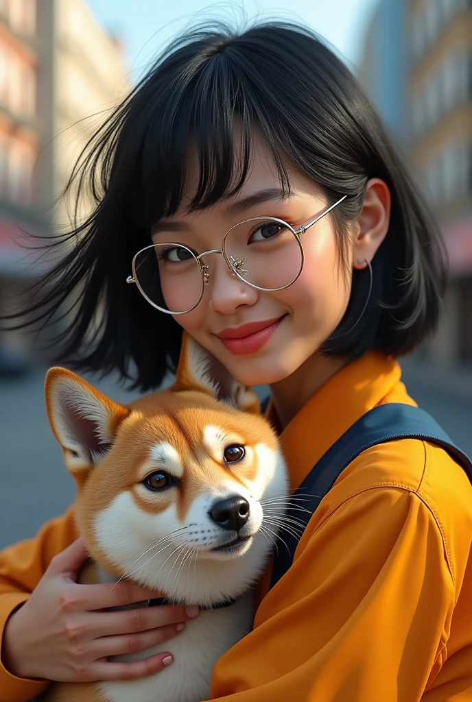 (photorealism:1.2), average 21 year old woman, wearing glasses, has a bob hair, hair is colored black, pale, short, sitting on a rock, posing for a photo, statue of a dog behind her and small buildings, the woman is wearing yellow long sleeves and brown shorts, hands at the back looking up.
