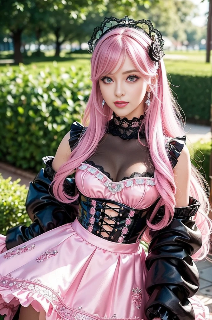 sexy stylish Swedish model, only 1 female, ((doll-like appearance)), short neon pink stylish hair, ((shiny Punk-Style boots)), (big smile), ultra detailed eyes, Punk makeup, lipgloss, ((sexy Punk Lolita cosplay)), unconventional skirt, petticoats, high neckline, ((ultra detailed lace)), ((ultra detailed embroidery)), intricate details, tartan patterns, (silver chains), (silver spikes), (safety pins), Punk Lolita accessoires, Punk Lolita choker, ((large sparkling Punk Lolita jewelry)), cinematic light, detailed large park background with trees