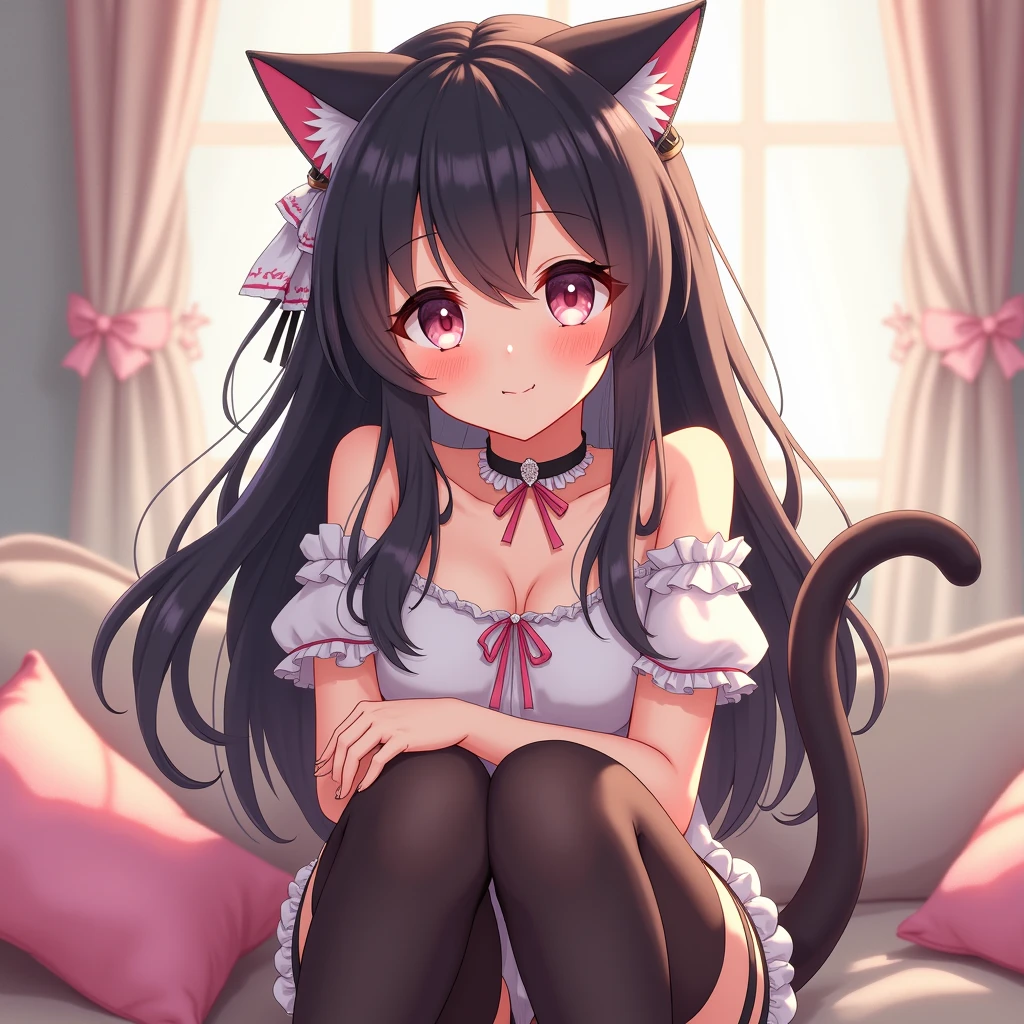 Menina anime deitada em uma cama com orelhas de gato e vestido preto, muito bonita menina gato anime, menina gato atraente, muito bonita gatinha fofa, gato anime bonito, gato anime bonito, gato anime, gato anime, menina anime sedutora, menina anime com orelhas de gato, menina do gato, gatinha jovem bonita, menina anime bonito