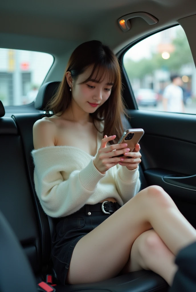 Arapei woman sitting in car with cell phone, sits in her car, Instagram model, goddess checking her phone, checking her phone, trending at cgstation, dang my linh, dilraba dilmurat, 19-year-old girl, pale milky white porcelain skin, amouranth, 🤬 🤮 💕 🎀