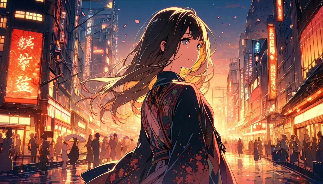 a young woman in modern Japan, styled in a Kyoto Animation-inspired art style. The illustration focuses on her upper body as she stands in the vibrant, early morning light of Tokyo, surrounded by the glowing cityscape. She wears stylish Western clothes, with a hint of a casual yet elegant look. The background subtly highlights cherry blossoms and jazz elements, with a few scattered notes around, capturing the musical and lively atmosphere of the city. The poster has a 2D aesthetic, focusing on warm colors and intricate details for an enchanting look.