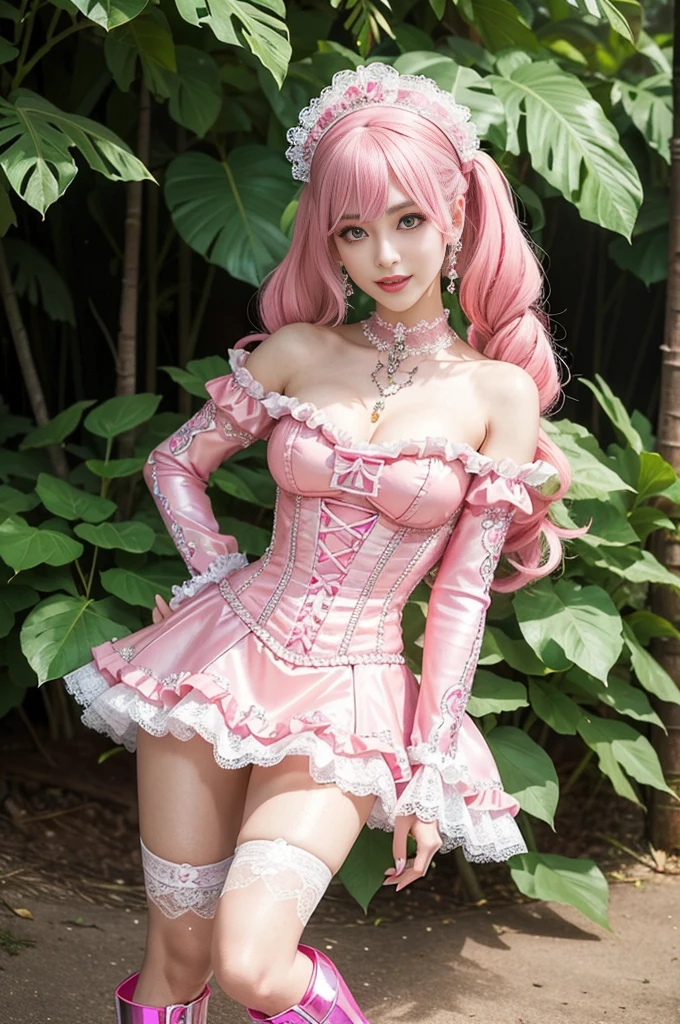 sexy stylish Swedish model, only 1 female, ((doll-like appearance)), long neon pink stylish hair, ((shiny Victorian-Style boots)), (big smile), ultra detailed eyes, vivid eye makeup, lipgloss, long lashes, defined eyebrows, ((sexy Paradise Kiss cosplay)), bell-shaped skirt, petticoats, high neckline, puffed sleeves, ((ultra detailed lace)), ((ultra detailed embroidery)), intricate details, Paradise Kiss accessoires and matching headpiece, choker, ((large sparkling Paradise Kiss jewelry)), cinematic light, detailed large park background with trees