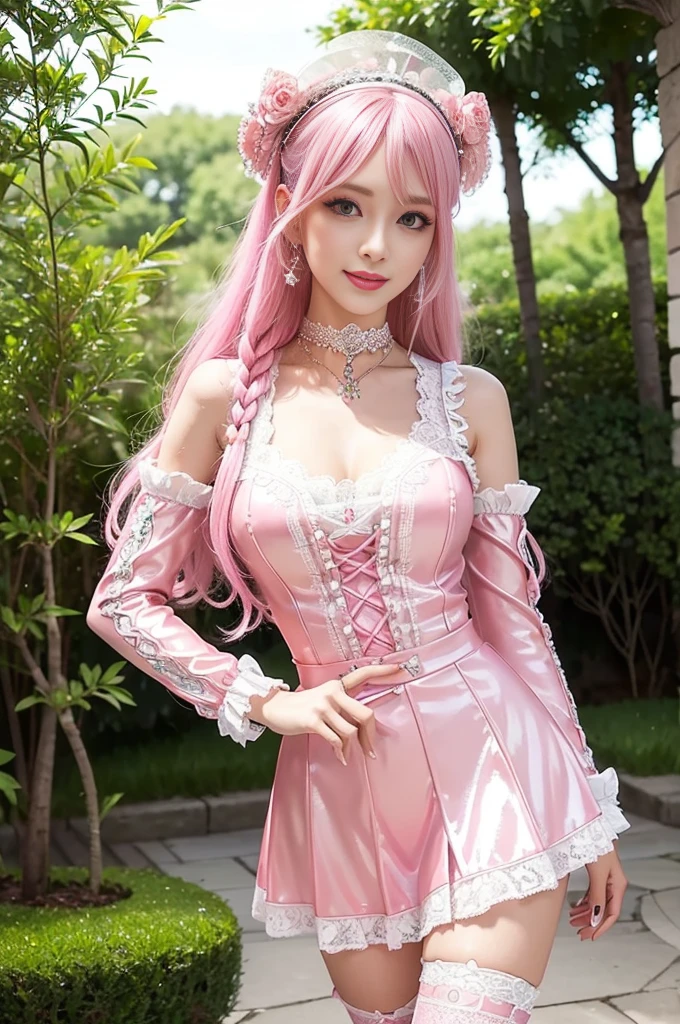 sexy stylish Swedish model, only 1 female, ((doll-like appearance)), long neon pink stylish hair, ((shiny Victorian-Style boots)), beautiful smile, ultra detailed eyes, vivid eye makeup, lipgloss, long lashes, defined eyebrows, ((sexy Paradise Kiss cosplay)), bell-shaped skirt, petticoats, high neckline, puffed sleeves, (( ultra detailed lace)), ((ultra detailed embroidery)), intricate details, Paradise Kiss accessoires and matching headpiece, choker, ((large sparkling Paradise Kiss jewelry)), cinematic light, detailed large park background with trees