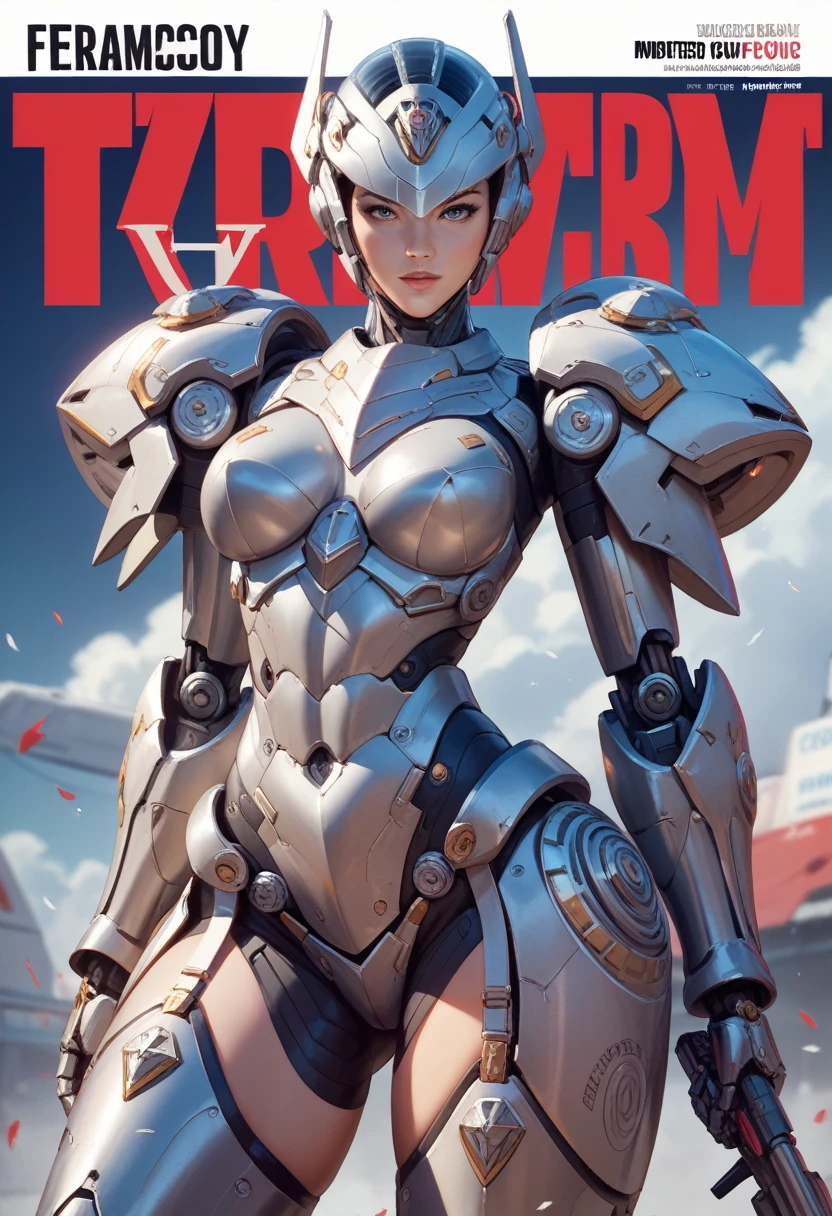 Front cover of a CYBER CITY magazine, text, diagrams, advertisements, magazine title,HUMANOID,WEARING FULL HELMET,ANIME STYLE ART, Anatomically correct, DETAILED ARMOR,ARMORED BODY,MACHINE FABTASY, SLIM BODY, 