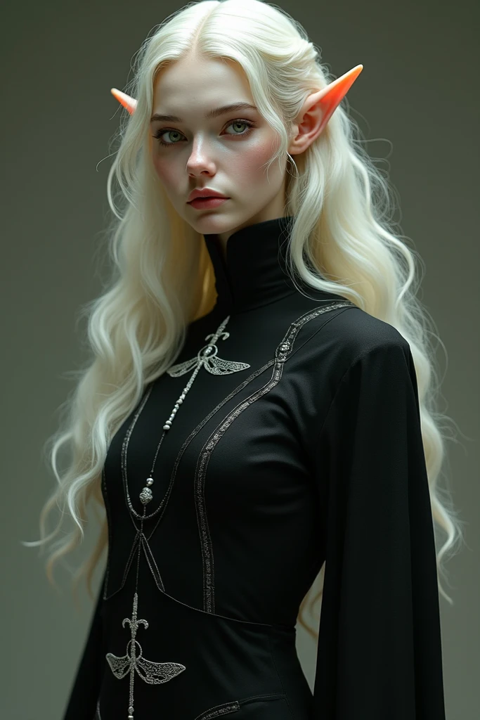 Young albino woman from the Middle Ages with white hair and violet eyes, black robes with a collar with a small cross, and with the left hand with a steampunk prosthetic