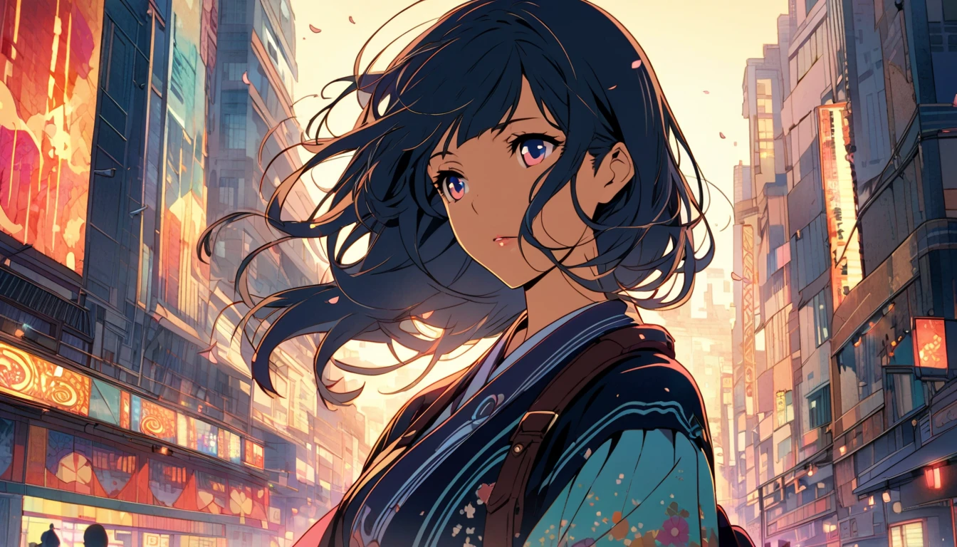 a young woman in modern Japan, styled in a Kyoto Animation-inspired art style. The illustration focuses on her upper body as she stands in the vibrant, early morning light of Tokyo, surrounded by the glowing cityscape. She wears stylish Western clothes, with a hint of a casual yet elegant look. The background subtly highlights cherry blossoms and jazz elements, with a few scattered notes around, capturing the musical and lively atmosphere of the city. The poster has a 2D aesthetic, focusing on warm colors and intricate details for an enchanting look.