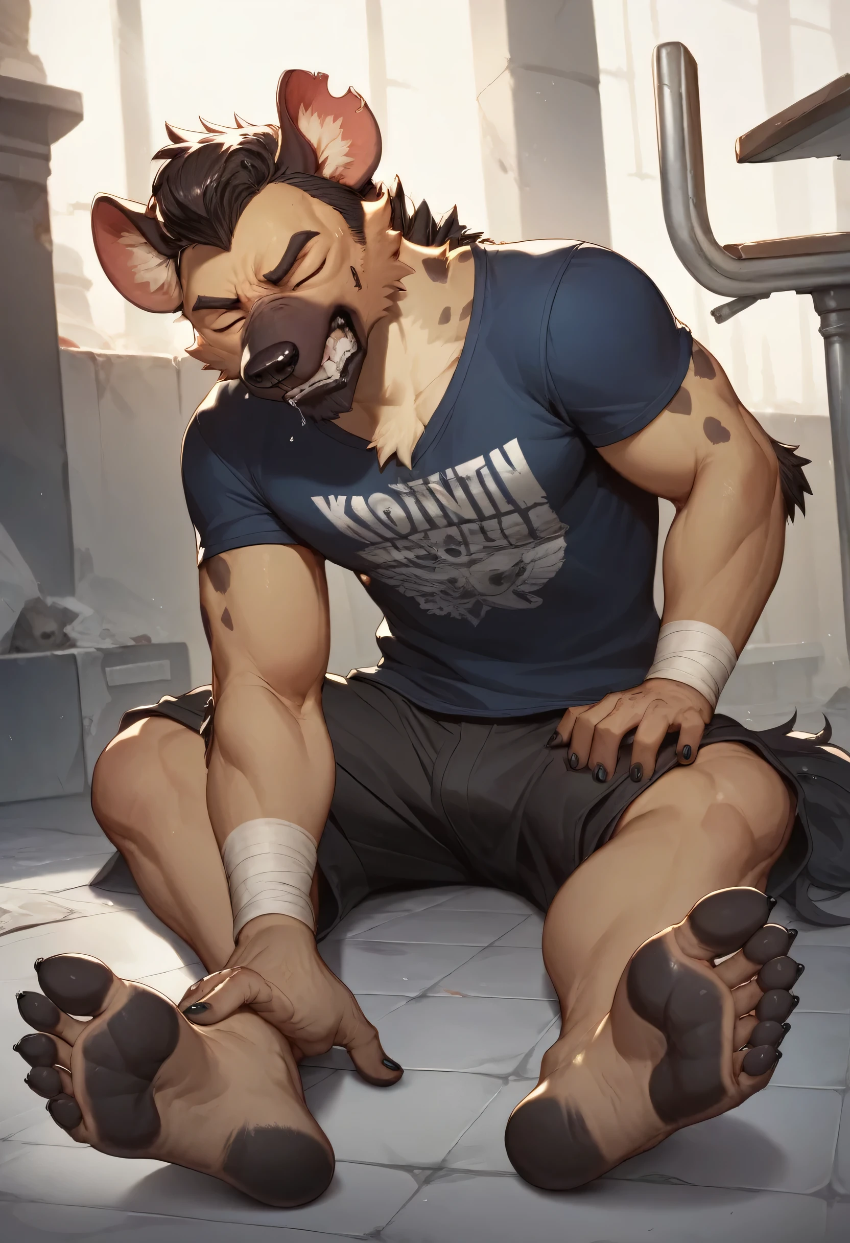 (((Barefoot furry character, full body, cinematic setting, furry male))) (((Lumberjack))), rottweiler, black fur, plantigrade, wearing spats on feet, ((hypnotised)), ((green glowing eyes)), (drooling), sitting in the woods, natural light, forest background, nice detailed feet paws, in pleasure state, hard penis exposed, playing with penis. BREAK, detailed background, 8K, (masterpiece:1.5), intricate details, highly detailed, extreme detail, octane render, fine art, best quality, highres, (detailed face:1.5), ((full_body)), UHD, (((perfect hands)))