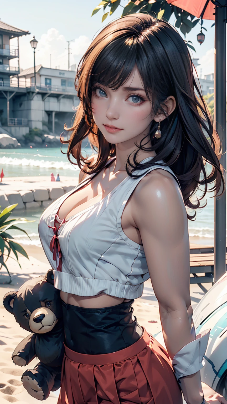  There is a woman holding a teddy bear on the beach,  cute realistic portrait ,  Cute Anime Girls,  cute girl anime visual , smooth anime cg art, Guweiz-style work , portrait of  Cute Anime Girls, Cute portrait,  beautiful anime portrait ,  Beautiful Anime Girl ,  Cute Anime Girls portrait,  realistic animated 3D style 