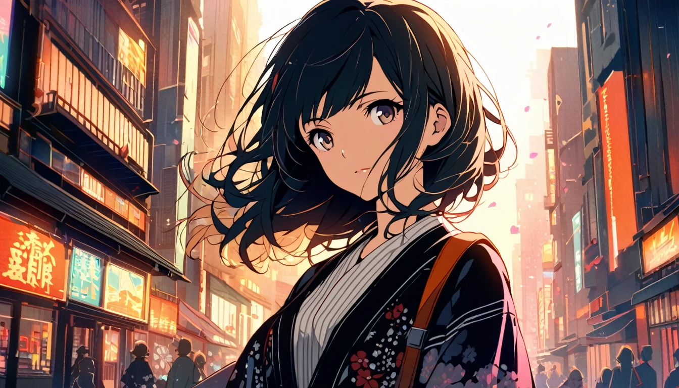 a young woman in modern Japan, styled in a Kyoto Animation-inspired art style. The illustration focuses on her upper body as she stands in the vibrant, early morning light of Tokyo, surrounded by the glowing cityscape. She wears stylish Western clothes, with a hint of a casual yet elegant look. The background subtly highlights cherry blossoms and jazz elements, with a few scattered notes around, capturing the musical and lively atmosphere of the city. The poster has a 2D aesthetic, focusing on warm colors and intricate details for an enchanting look.