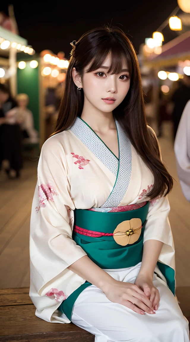 ((1人のwoman)),8k, masterpiece,  super detailed,  High Quality , 最 High Quality ,  high definition ,woman,( full body photo), Movie Lighting, Three Girls Seated in the Correct Position ,(( beautiful woman wearing a kimono at the fair)),,Mr.々Kimono with a pattern , light brown hair straight bangs at Starbucks,, 肩よりLong Hair, Long Hair,  slender figure, Delicate lips,  beautiful eyes, The eyes are light brown,  Perfect Skin,(Realistic:1.3),((Festivals))