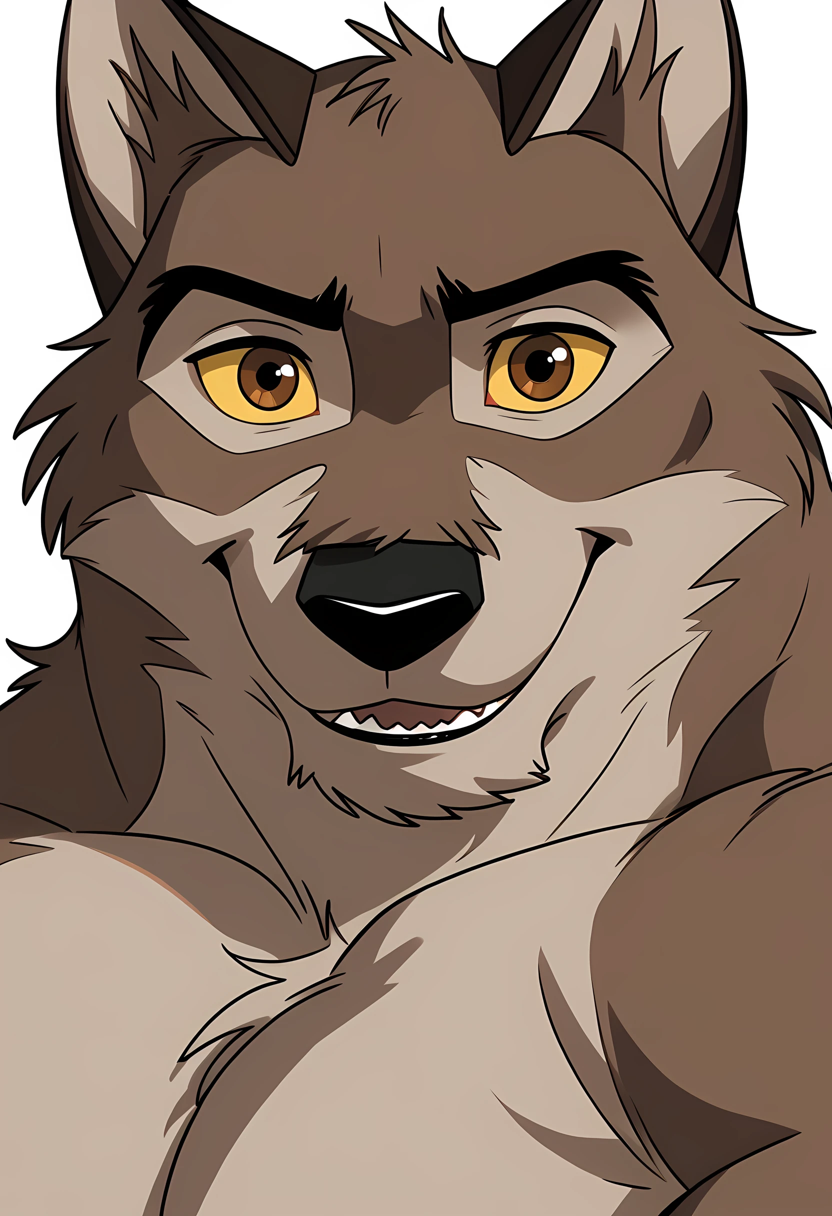 baltotwd, wolfdog, balto, brown eyes, yellow sclera, solo, detailed, detailed face, anthro, male, adult, pectorals, cartoon shading, cel shaded:1.1, flat colors, (no background, white background):1.5, shirtless, wfa style, negger style, close-up, smile,