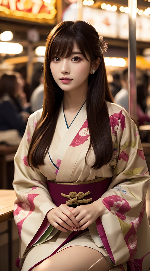 ((1人のwoman)),8k, masterpiece,  super detailed,  High Quality , 最 High Quality ,  high definition ,woman,( full body photo), Movie Lighting, Three Girls Seated in the Correct Position ,(( beautiful woman wearing a kimono at the fair)),,Mr.々Kimono with a pattern , light brown hair straight bangs at Starbucks,, 肩よりLong Hair, Long Hair,  slender figure, Delicate lips,  beautiful eyes, The eyes are light brown,  Perfect Skin,(Realistic:1.3),((Festivals))