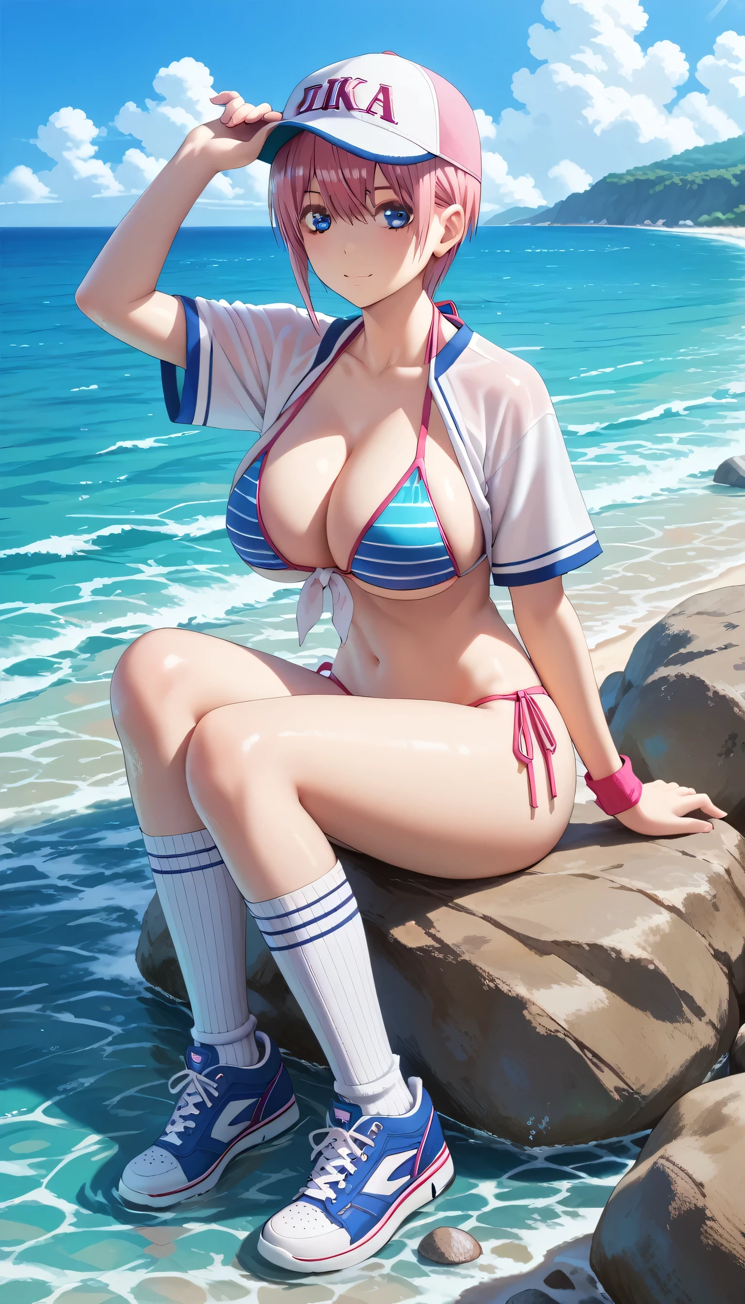 (Tall girl, Fit girl,score_9, score_8_up, score_7_up, score_6_up, uncensored, 1girl, ichika nakano, short hair, bangs, blue eyes, hair between eyes, pink hair, bangs, blue eyes, shirt, hair between eyes, huge breasts, 1girl, solo, swimsuit, bikini, black_hair, rock, sneakers, sitting, ocean, shoes, socks, beach, water, long_hair, outdoors, kneehighs, baseball_cap, baseball hat, navel, side-tie_bikini_bottom, day