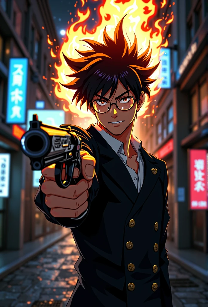 A dramatic low-angle anime-style shot of a male student pointing a revolver directly at the camera. The perspective is close to the ground, looking up at the student. He is wearing a traditional black gakuran uniform with golden buttons, its collar slightly unbuttoned, revealing a white shirt underneath. His messy, fiery black-and-white hair crackles and ignites into flames that flicker upward, casting a warm, dynamic glow around him. His round, thick glasses reflect the environment—blurred urban neon lights and a dark alleyway. The student’s expression is intense and commanding, looking down at the camera with a slight smirk of confidence. The revolver gleams with ornate engravings, dominating the foreground of the image. The cinematic composition emphasizes power, rebellion, and dramatic tension.