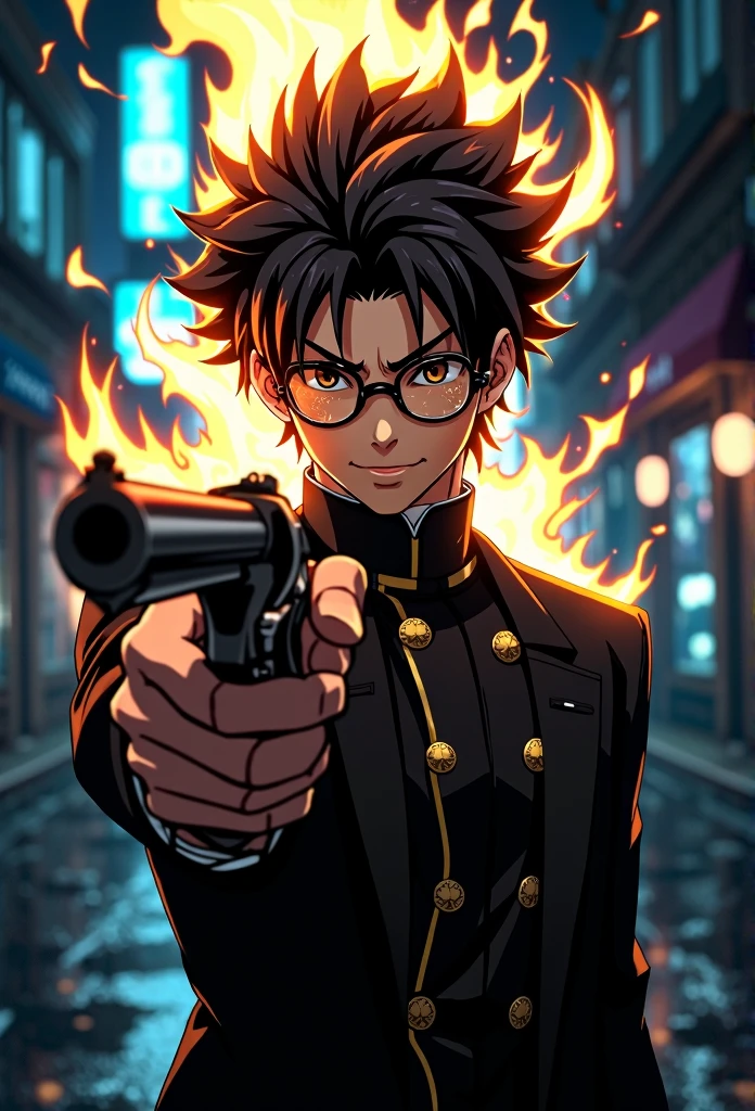 A dramatic low-angle anime-style shot of a male student pointing a revolver directly at the camera. The perspective is close to the ground, looking up at the student. He is wearing a traditional black gakuran uniform with golden buttons, its collar slightly unbuttoned, revealing a white shirt underneath. His messy, fiery black-and-white hair crackles and ignites into flames that flicker upward, casting a warm, dynamic glow around him. His round, thick glasses reflect the environment—blurred urban neon lights and a dark alleyway. The student’s expression is intense and commanding, looking down at the camera with a slight smirk of confidence. The revolver gleams with ornate engravings, dominating the foreground of the image. The cinematic composition emphasizes power, rebellion, and dramatic tension.