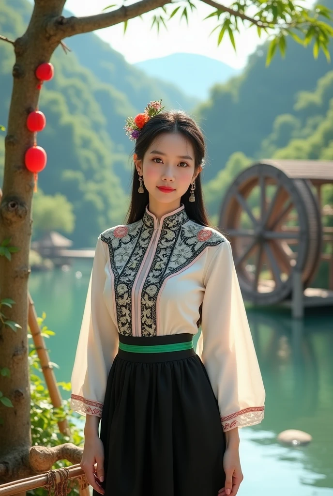 ctai, dantochaitrang,A young woman in traditional Vietnamese Thai ethnic clothing poses outdoors near a peaceful river with a wooden waterwheel and a backdrop of lush green hills. She wears a white and black patterned top, a white embroidered blouse, and a black skirt with a green elastic band. The backdrop is vibrant with natural beauty, including bamboo structures and red ornaments on nearby trees, giving the scene a lively and cultural atmosphere