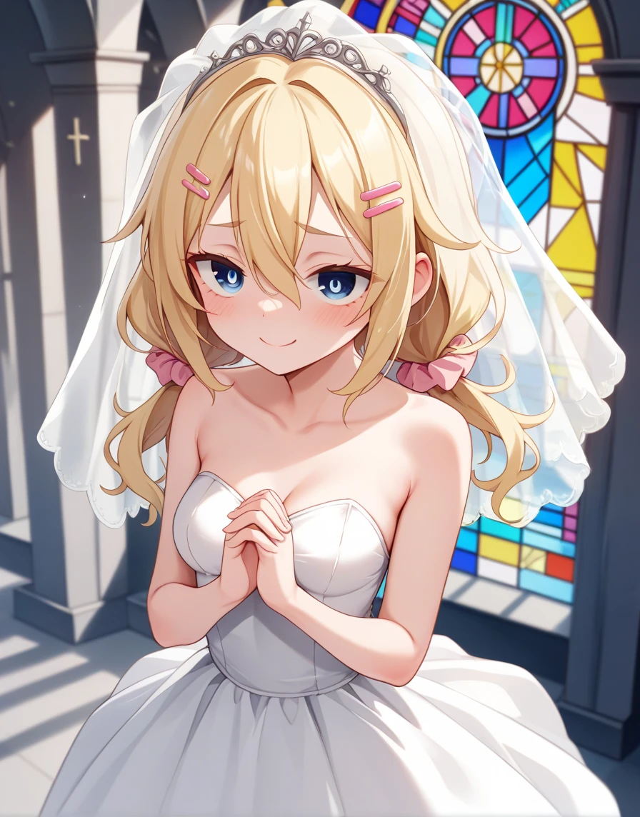 nsfw, woman、High image quality、((hairs between eyes))、low twintails 、Blonde color、(((droopy eyes、Blue Eyes)))、wavy hair、 downward-slanted eyebrows、smile、embarrassed ,hairclip　salmon pink left、hair scrunchie pink color,, , pale white skin , ,medium breasts,((wedding dress veil ))、(((church stained glass ))),standing ,(((elementary school student ))), short , small breasts , hands together, pray