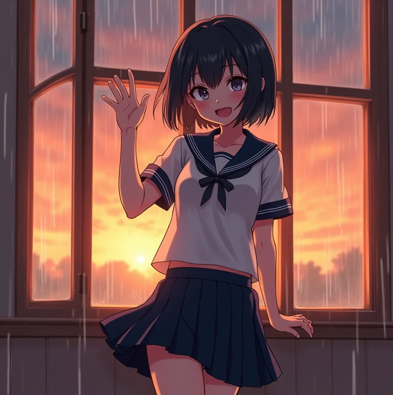 ((Ultra-detailed)), (top-quality), ((masterpiece)), ((Super exciting)), ((8K)), ((1080p)), ((extremely clear)), ((Very sophisticated)),((natural lighting)), ((depth of fields)), ((Glowing skin)), ((gleaming)), ((shiny-glistening)), (3D)), ((Perfect Anatomy)), (Realistic skin texture), ((Detailed face description)), ((anime illustration)), ((anime quality)), ((anime quality eyes)), ((bright color)), (((Solo))), ((a girl)), ((school uniform)), (thin waist), ((blue sky), (rainy cloud)), (grinned), (black hair), (hair over eyes)), (chest up), ((standing)), (wet clothes),