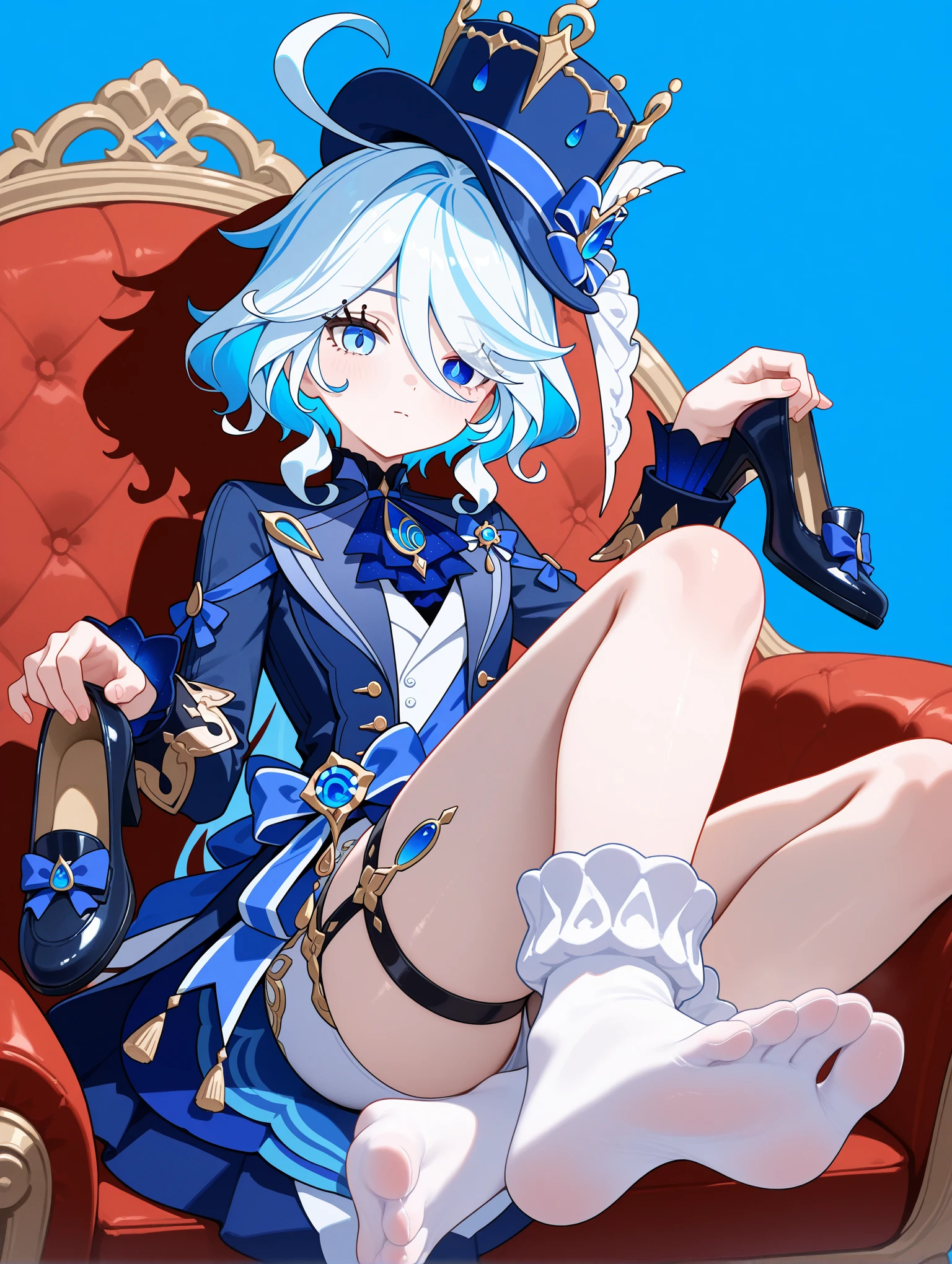 furina \(genshin impact\), genshin impact, 1girl, black footwear, blue background, blue eyes, blue hat, chaise longue, couch, feet, fingernails, grey hair, hat, high heels, holding, holding shoes, looking at viewer, mismatched pupils, multicolored hair, no shoes, on couch, shoes, simple background, socks, soles, solo, toes, top hat, two-tone hair, unworn shoes, white socks                                                                                                                               
,masterpiece,best quality,newest,