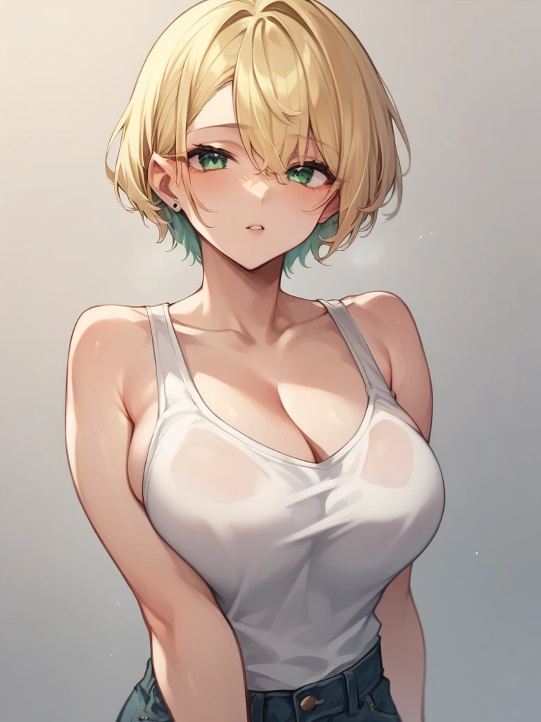 
 Hosokawa_ulcer,  blonde hair ,  Short Hair , Green Eyes,Big Breasts, tank top ,