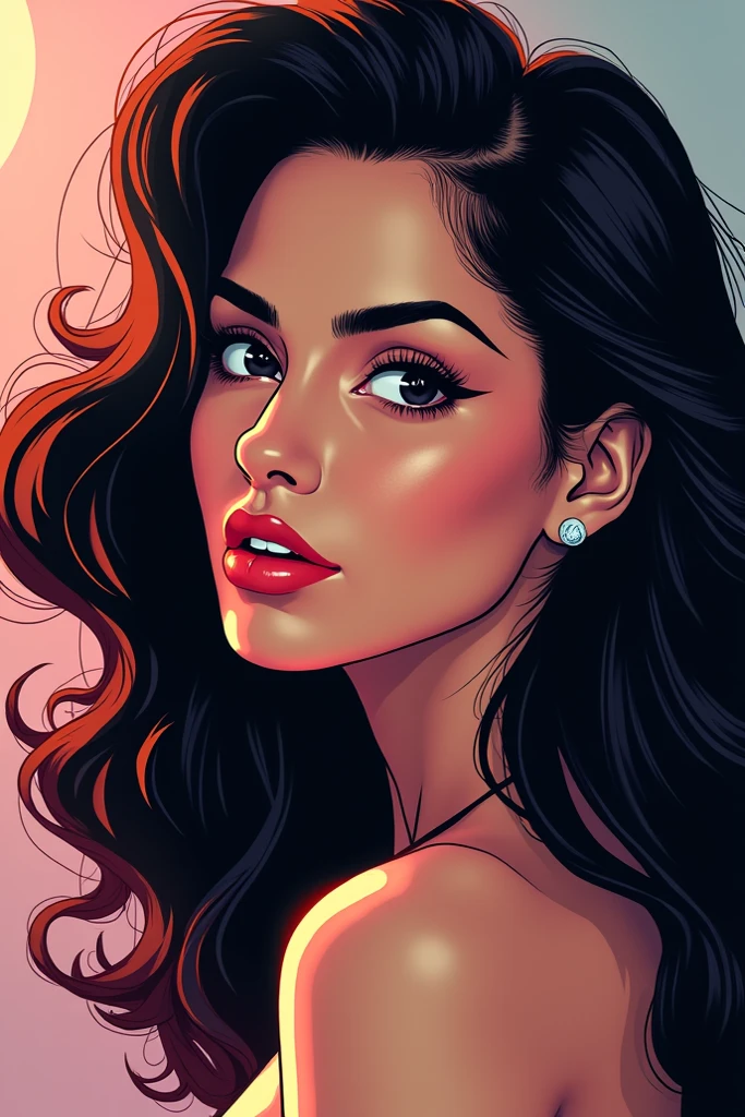 pretty Woman, black hair, a strand of pastel red hair, black eyes, clear thesis, a small red heart on the right cheek, comic-style image, Curly shoulder length hair, medium breasts, wearing a black dress that starts from the chest, short dress