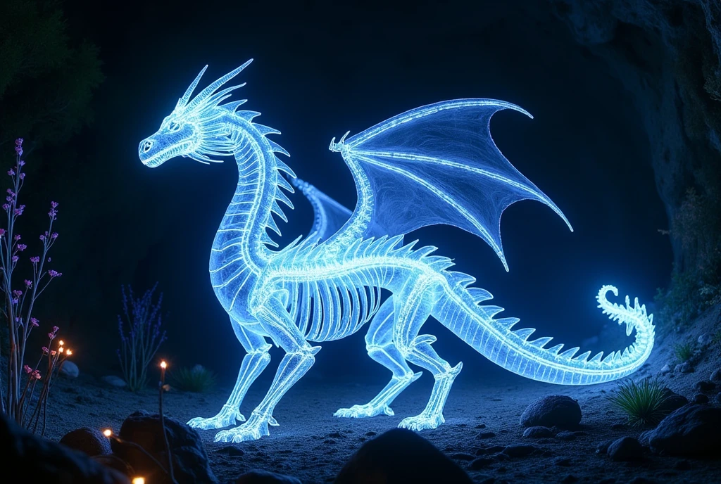 ((masterpiece)) ((photography)) ((Highest quality)) Create a mythical dragon with a transparent body and a glowing bioluminescent skeleton visible through its translucent scales. The dragon should appear ethereal and majestic, with intricate details of its bones shining in soft light. The background features a dark, cavernous environment with bioluminescent plants casting a mystical glow, enhancing the dragon's otherworldly presence. The atmosphere should be both eerie and awe-inspiring, with the light from the plants illuminating the dragon in a magical way.