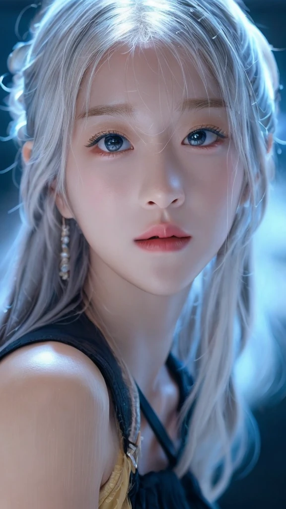 Highest quality, masterpiece, Ultra-high resolution, (Realistic: 1.4), RAW Photos, 1 Girl, Shiny skin, (Ultra-Realistic Details)), Portraiture, Global Illumination, Shadow, Octane Rendering, 8k, Ultra Sharp, big, South Korea details, Very intricate detail, Realistic Light, CGSoation Trend, Purple eyes, Glowing Eyes, To the camera, Neon Details,(Lighting on face:1.5)),((Delicately depicting the face:1.2)),((Silver hair color:1.4)),((Very short bob hair:1.2),(((Completely naked))),(((nsfw))),((Small breasts:1.5)),((Fair skin:1.5)),((Black Background:1.4)),((((nsfw))))