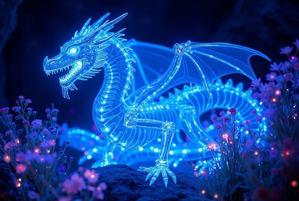 ((masterpiece)) ((photography)) ((Highest quality)) Create a mythical dragon with a transparent body and a glowing bioluminescent skeleton visible through its translucent scales. The dragon should appear ethereal and majestic, with intricate details of its bones shining in soft light. The background features a dark, cavernous environment with bioluminescent plants casting a mystical glow, enhancing the dragon's otherworldly presence. The atmosphere should be both eerie and awe-inspiring, with the light from the plants illuminating the dragon in a magical way.