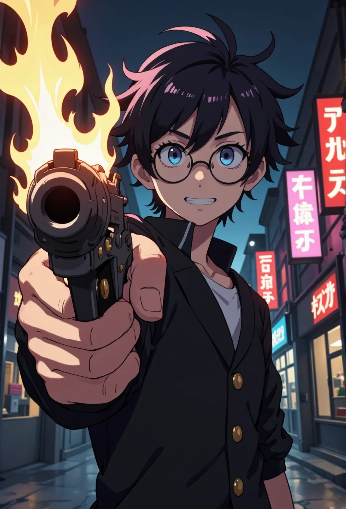 A dramatic low-angle anime-style shot of a male student pointing a revolver directly at the camera. The perspective is close to the ground, looking up at the student. He is wearing a traditional black gakuran uniform with golden buttons, its collar slightly unbuttoned, revealing a white shirt underneath. His messy, fiery black-and-white hair crackles and ignites into flames that flicker upward, casting a warm, dynamic glow around him. His round, thick glasses reflect the environment—blurred urban neon lights and a dark alleyway. The student’s expression is intense and commanding, looking down at the camera with a slight smirk of confidence. The revolver gleams with ornate engravings, dominating the foreground of the image. The cinematic composition emphasizes power, rebellion, and dramatic tension.