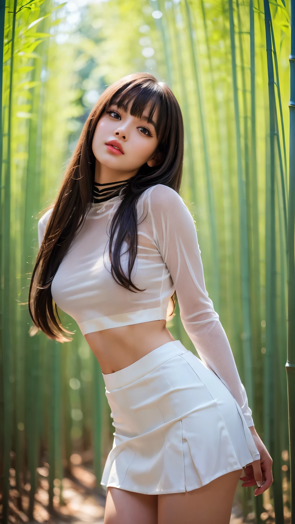 beautiful young woman,（pose of Long straight legs few opened）,（45％ of her height is her legss:2.0）,she feels an orgasm , long shiny hair, red lips, slim figure with a slender waist, wearing sheer mesh mock neck., white tight mini skirt, white boots, standing in bamboo forest, (best quality, masterpiece:1.2), ultra-detailed, (realistic, photo-realistic:1.37), 1girl, beautiful detailed eyes, beautiful detailed lips, extremely detailed eyes and face, long eyelashes, serene, natural lighting, warm color tones, intricate details, highly detailed, cinematic composition, blush stickers, highres anatomically correct, blunt bangs, photorealistic, 4K, 8k