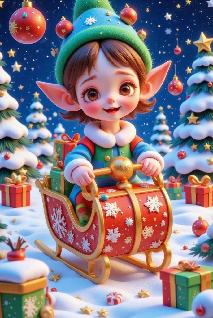 a cartoon elf riding a sleigh with presents in the snow, a pastel by jeonseok lee, Artstation, fantasy art, little elf girl, elf girl, cute detailed digital art, little elf tomboy, adorable digital painting, cute 3 d render, 8k)), cute digital art, elfin beauty, trending on cgstation, an elf