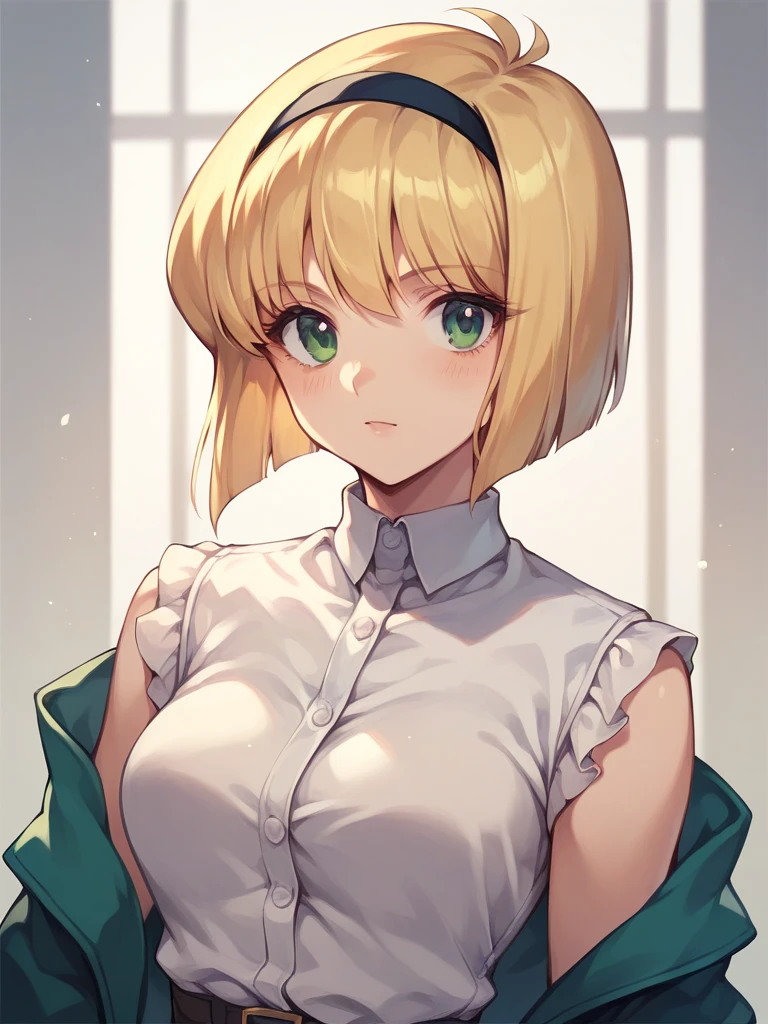 hosokowa_miki, blonde hair, short hair, green eyes,medium breasts,